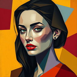 A beautiful woman depicted in a Cubist style, with fragmented shapes and bold colors representing her facial features and body