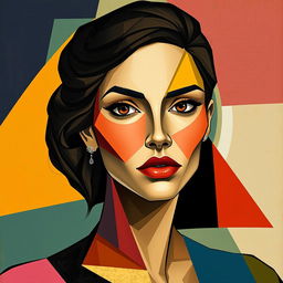 A beautiful woman depicted in a Cubist style, with fragmented shapes and bold colors representing her facial features and body