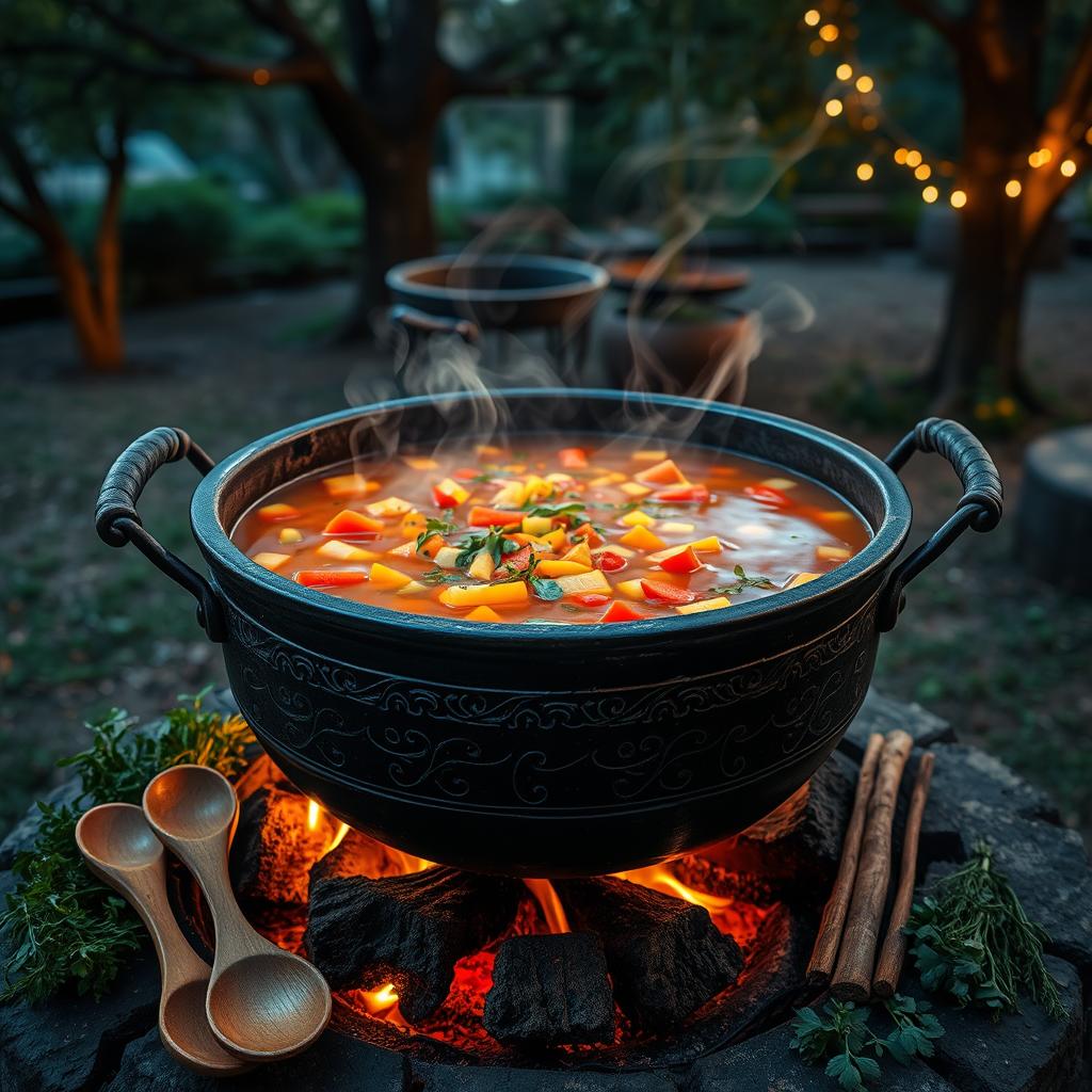 A large, rustic cauldron filled with a steaming, vibrant soup, placed over an open flame