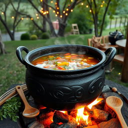 A large, rustic cauldron filled with a steaming, vibrant soup, placed over an open flame
