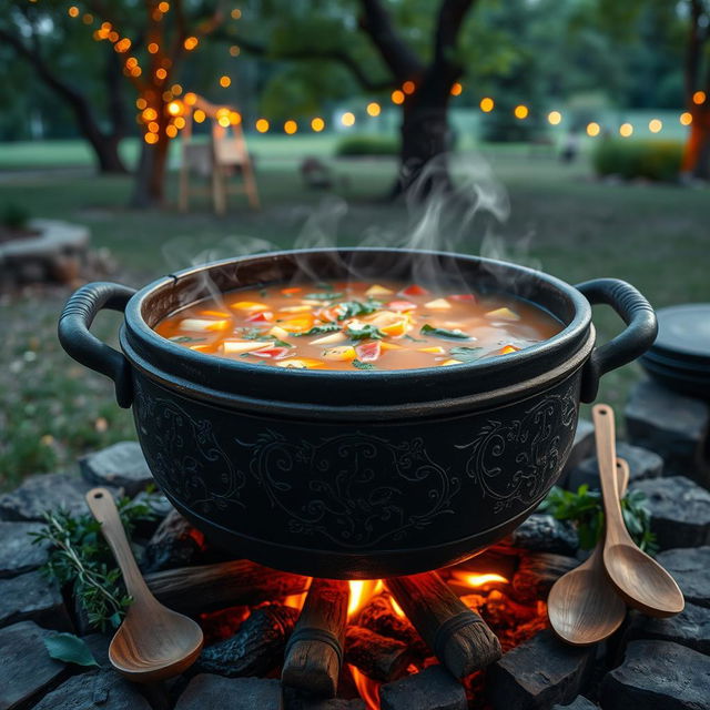 A large, rustic cauldron filled with a steaming, vibrant soup, placed over an open flame