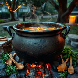 A large, rustic cauldron filled with a steaming, vibrant soup, placed over an open flame