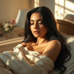 A beautifully realistic portrait of a woman named Gabriella, illuminated by soft morning light as she awakens, her long dark hair cascading over her shoulders, with a serene and peaceful expression