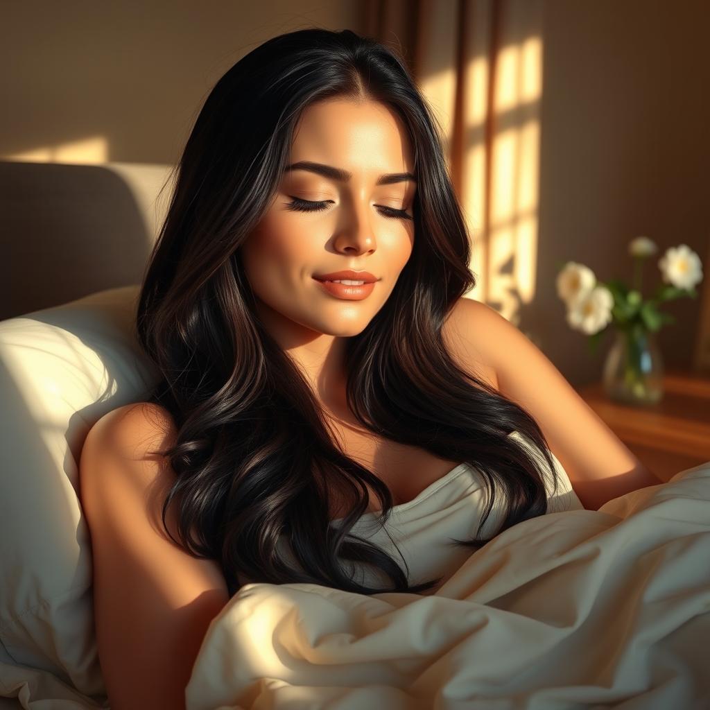 A beautifully realistic portrait of a woman named Gabriella, illuminated by soft morning light as she awakens, her long dark hair cascading over her shoulders, with a serene and peaceful expression