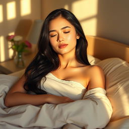 A beautifully realistic portrait of a woman named Gabriella, illuminated by soft morning light as she awakens, her long dark hair cascading over her shoulders, with a serene and peaceful expression