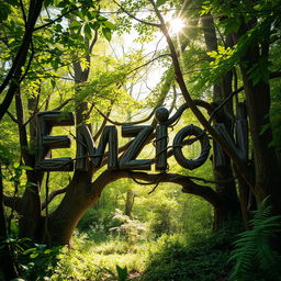 The word "Emzion" intricately designed to be formed by the branches and foliage of various forest trees, with lush green leaves and textured bark creating a natural look