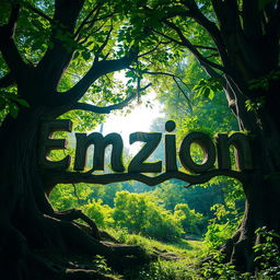 The word "Emzion" intricately designed to be formed by the branches and foliage of various forest trees, with lush green leaves and textured bark creating a natural look