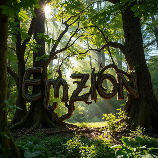 The word "Emzion" intricately designed to be formed by the branches and foliage of various forest trees, with lush green leaves and textured bark creating a natural look