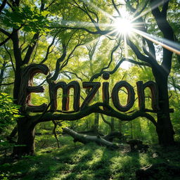 The word "Emzion" intricately designed to be formed by the branches and foliage of various forest trees, with lush green leaves and textured bark creating a natural look