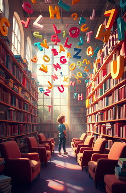 A whimsical and colorful scene depicting a vibrant library filled with oversized books and floating letters