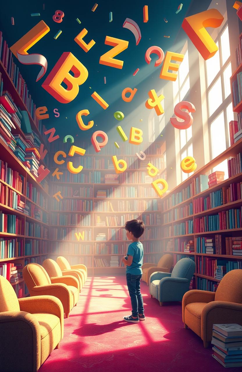 A whimsical and colorful scene depicting a vibrant library filled with oversized books and floating letters