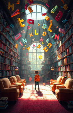 A whimsical and colorful scene depicting a vibrant library filled with oversized books and floating letters