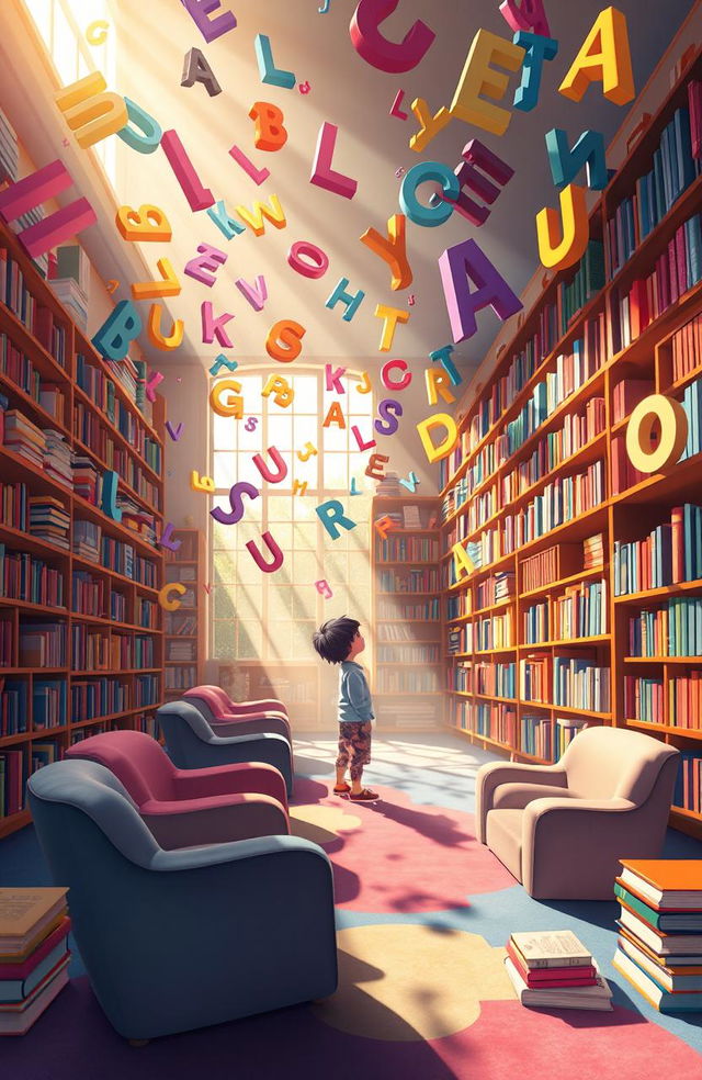 A whimsical and colorful scene depicting a vibrant library filled with oversized books and floating letters