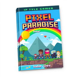 A vibrant book cover design for 'Pixel Paradise' by Indie Dev, showcasing a retro gaming adventure theme in a charming 8-bit art style