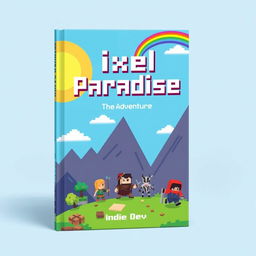 A vibrant book cover design for 'Pixel Paradise' by Indie Dev, showcasing a retro gaming adventure theme in a charming 8-bit art style