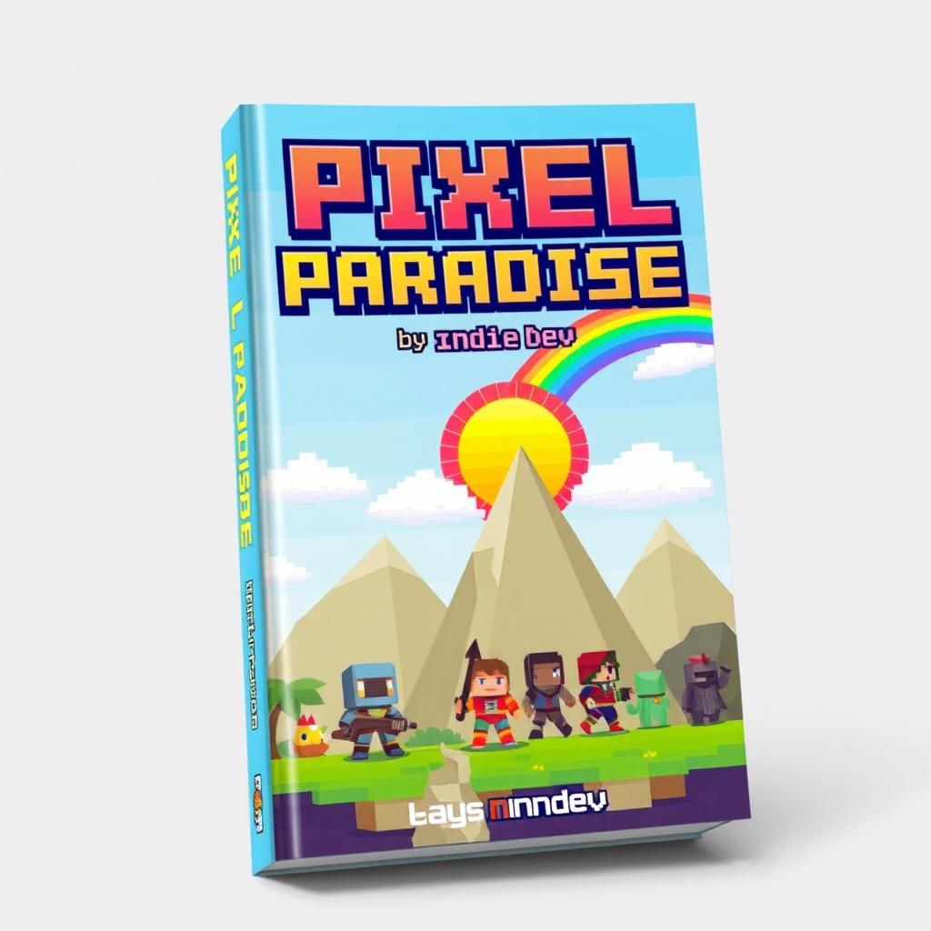 A vibrant book cover design for 'Pixel Paradise' by Indie Dev, showcasing a retro gaming adventure theme in a charming 8-bit art style