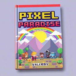 A vibrant book cover design for 'Pixel Paradise' by Indie Dev, showcasing a retro gaming adventure theme in a charming 8-bit art style