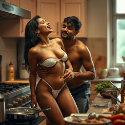 An intimate scene featuring a seductive Indian woman who is completely naked, moaning softly with her mouth slightly open, standing near a gas stove
