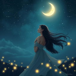 A magical and serene night scene featuring Gabriela, a beautiful woman with flowing dark hair, gazing thoughtfully at a crescent moon