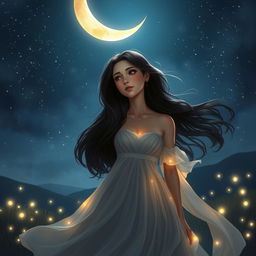 A magical and serene night scene featuring Gabriela, a beautiful woman with flowing dark hair, gazing thoughtfully at a crescent moon