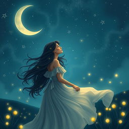 A magical and serene night scene featuring Gabriela, a beautiful woman with flowing dark hair, gazing thoughtfully at a crescent moon