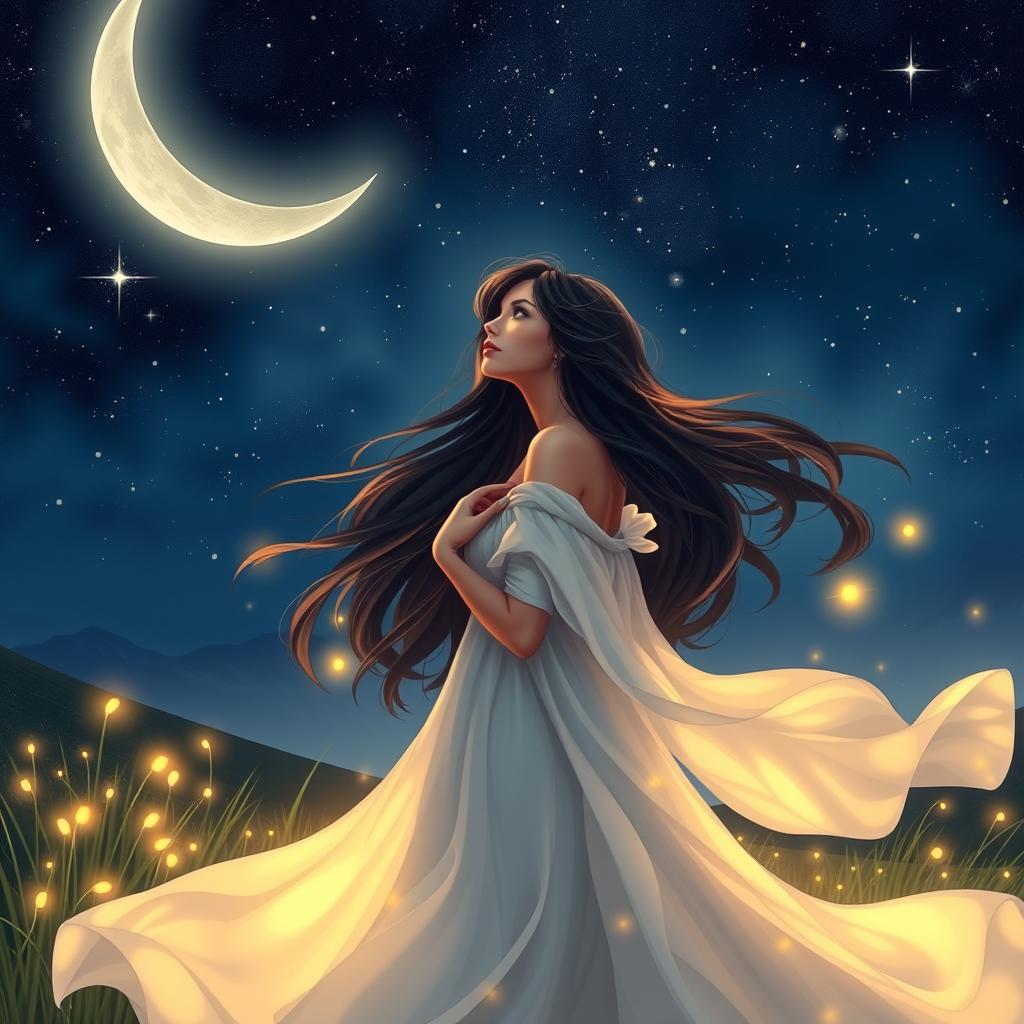 A magical and serene night scene featuring Gabriela, a beautiful woman with flowing dark hair, gazing thoughtfully at a crescent moon