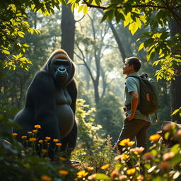 A breathtaking scene depicting a hiker trekking through a lush green forest, with towering trees and vibrant foliage