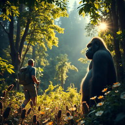 A breathtaking scene depicting a hiker trekking through a lush green forest, with towering trees and vibrant foliage