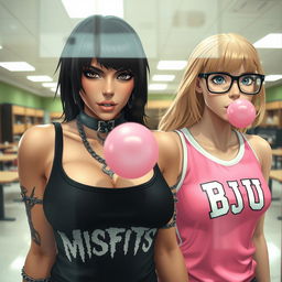 A close-up shot of two characters viewed from behind a reinforced plexiglass window
