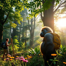 A breathtaking scene depicting a hiker trekking through a lush green forest, with towering trees and vibrant foliage