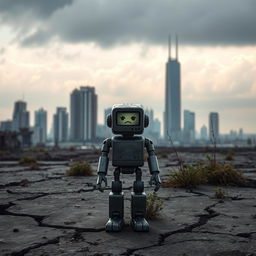 A melancholic robot standing alone in a desolate, futuristic landscape