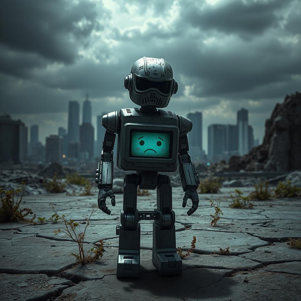 A melancholic robot standing alone in a desolate, futuristic landscape