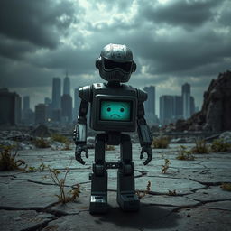 A melancholic robot standing alone in a desolate, futuristic landscape