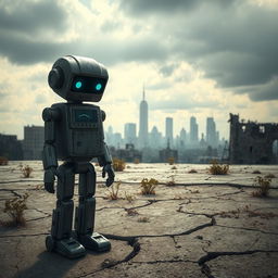 A melancholic robot standing alone in a desolate, futuristic landscape