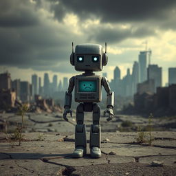 A melancholic robot standing alone in a desolate, futuristic landscape