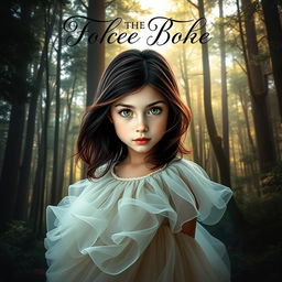 A captivating book cover featuring a girl with dark brown hair and striking green eyes positioned in the center