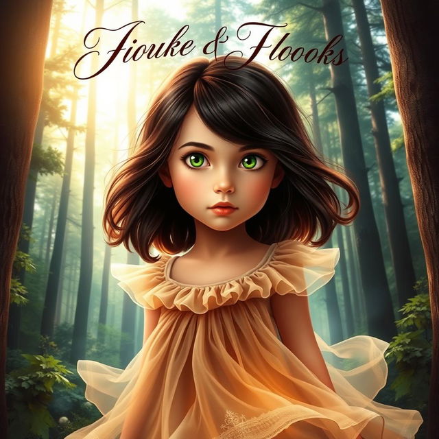 A captivating book cover featuring a girl with dark brown hair and striking green eyes positioned in the center