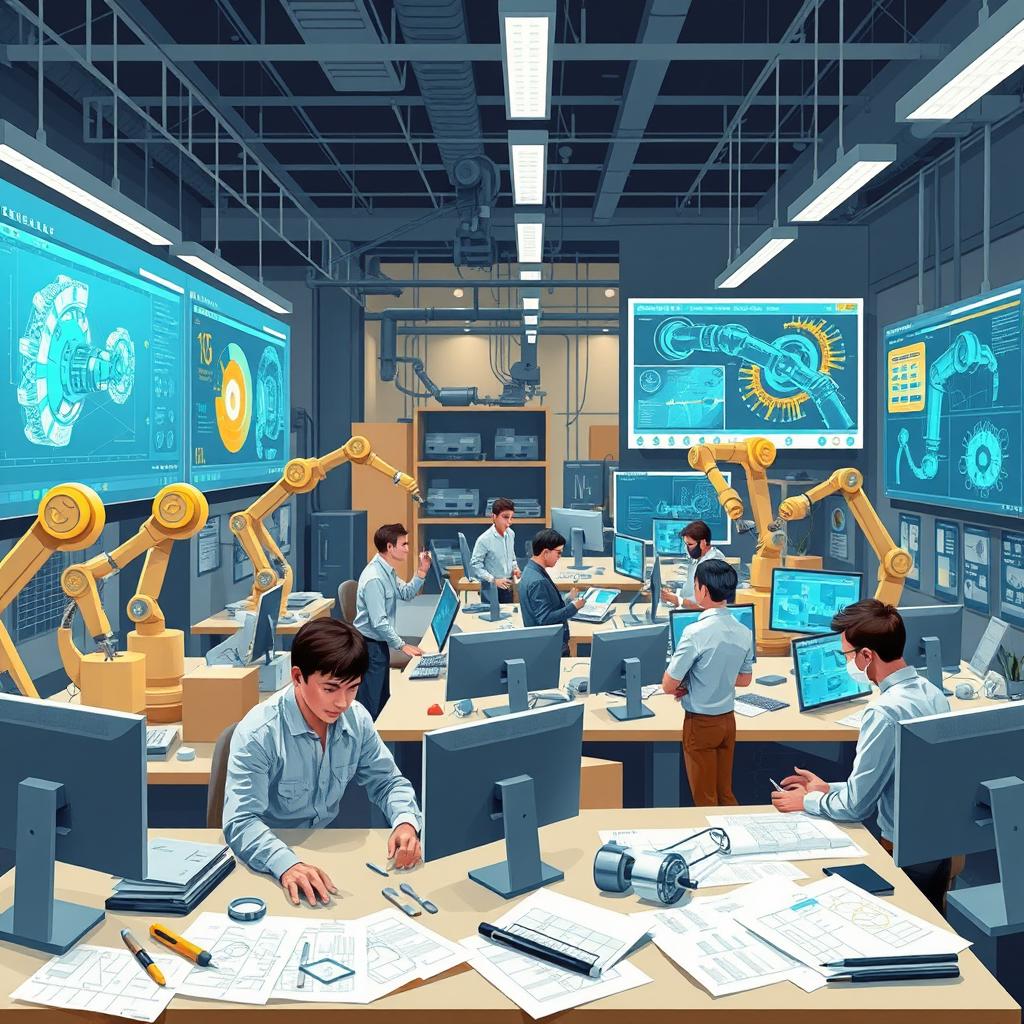 An engaging and dynamic illustration representing the use of artificial intelligence in engineering activities