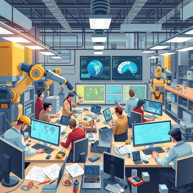 An engaging and dynamic illustration representing the use of artificial intelligence in engineering activities