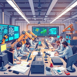 An engaging and dynamic illustration representing the use of artificial intelligence in engineering activities
