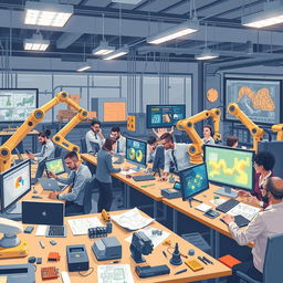An engaging and dynamic illustration representing the use of artificial intelligence in engineering activities