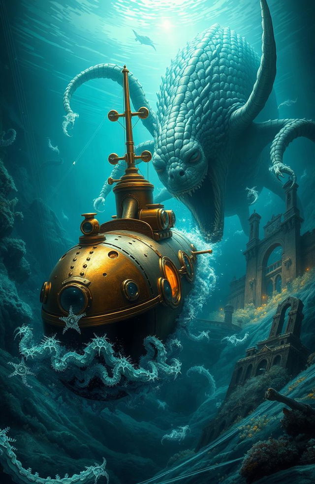 A breathtaking book cover featuring a steampunk submarine engaged in an epic battle with a gigantic sea monster