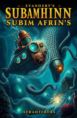 A breathtaking book cover featuring a steampunk submarine engaged in an epic battle with a gigantic sea monster
