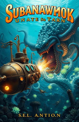 A breathtaking book cover featuring a steampunk submarine engaged in an epic battle with a gigantic sea monster