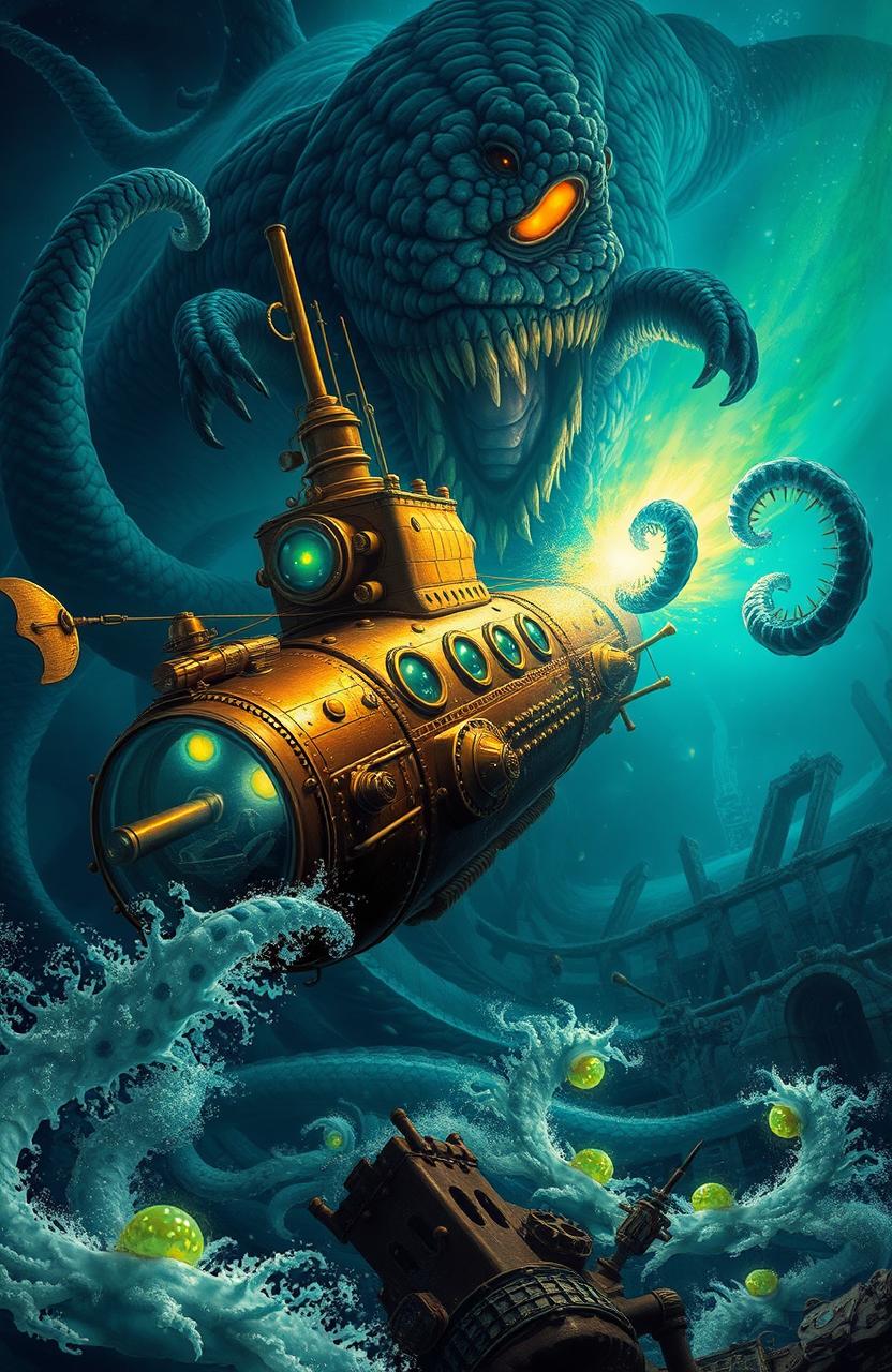 A breathtaking book cover featuring a steampunk submarine engaged in an epic battle with a gigantic sea monster