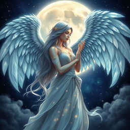 A stunning female angel named Gabriela, depicted in the heart of the moon, surrounded by a mystical celestial landscape