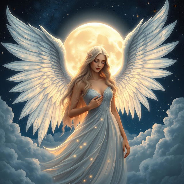 A stunning female angel named Gabriela, depicted in the heart of the moon, surrounded by a mystical celestial landscape