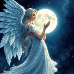 A stunning female angel named Gabriela, depicted in the heart of the moon, surrounded by a mystical celestial landscape