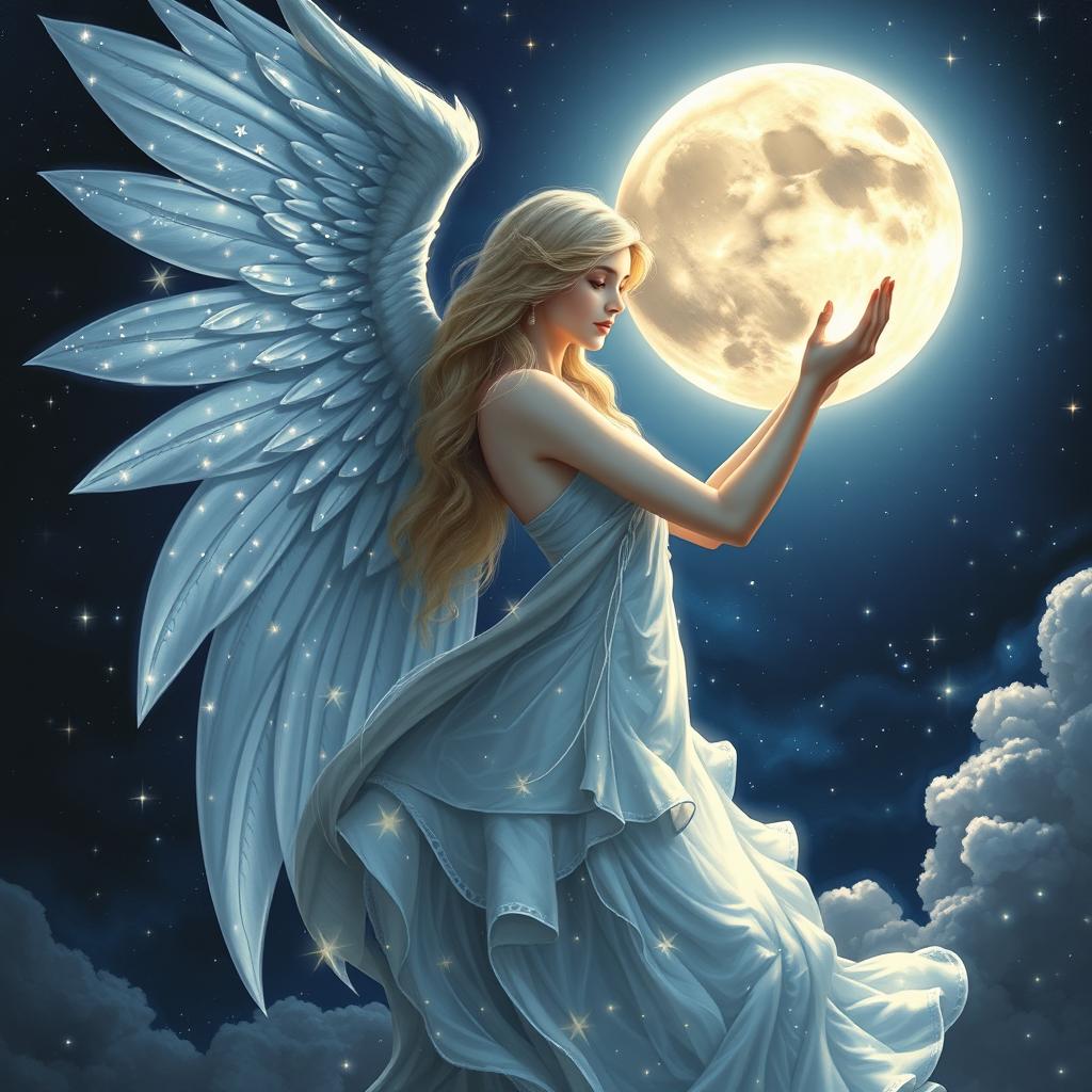 A stunning female angel named Gabriela, depicted in the heart of the moon, surrounded by a mystical celestial landscape