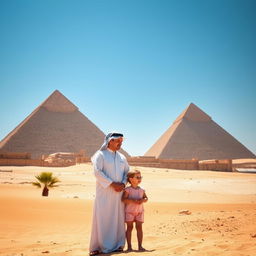 A beautiful scene featuring a parent and their young child standing in front of the majestic Pyramids of Giza, the ancient structures towering in the background under a bright blue sky